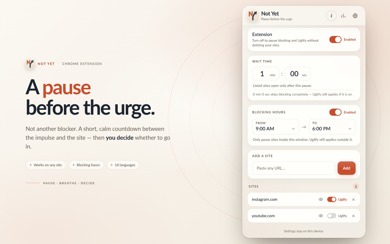 Not Yet popup with wait time, blocking hours and a short site list