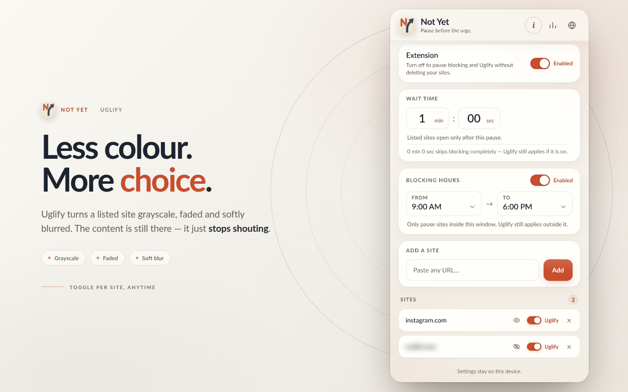 Not Yet site list with Uglify toggles and blurred domains